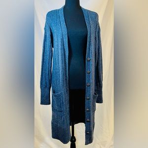 CLEO + WOLF WOMEN'S MARLED CARDIGAN BLUE WITH SILVER BUTTONS LONG SWEATER